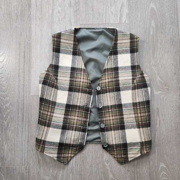 Vintage Checkered Irish Wool Vest Size XS (Green, Brown, Beige) - Picture 4 of 6